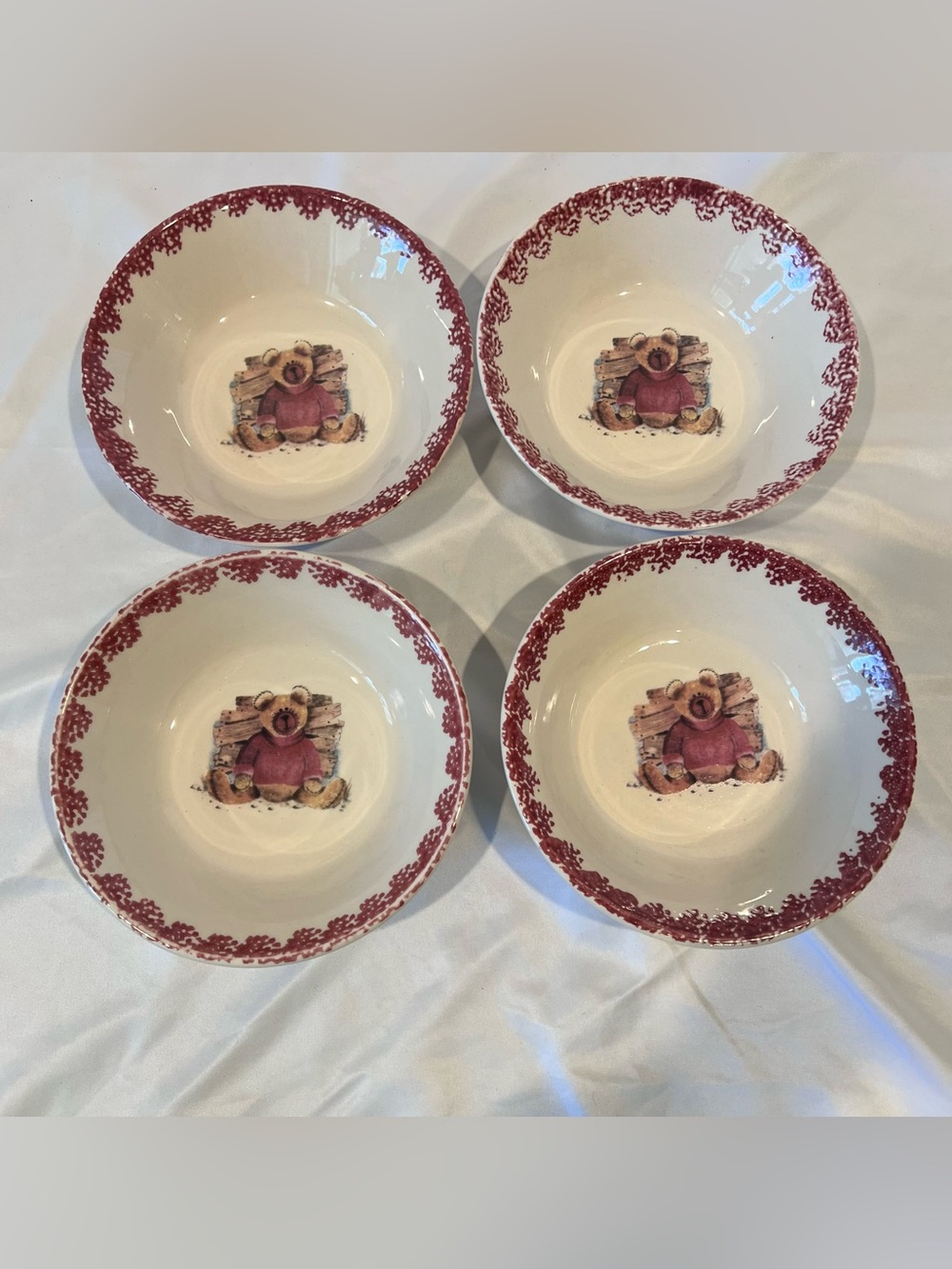 Vintage Teddy Bear Bowls Set of 4 Stoneware Red Trim Cottagecore